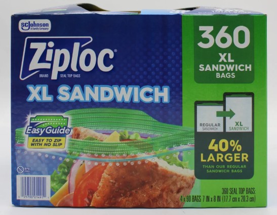 ZIPLOC 90ct SANDWICH XL BAGS 4 PACK TOTAL 360 BAGS 7"x 8" (HSWE-042820)
