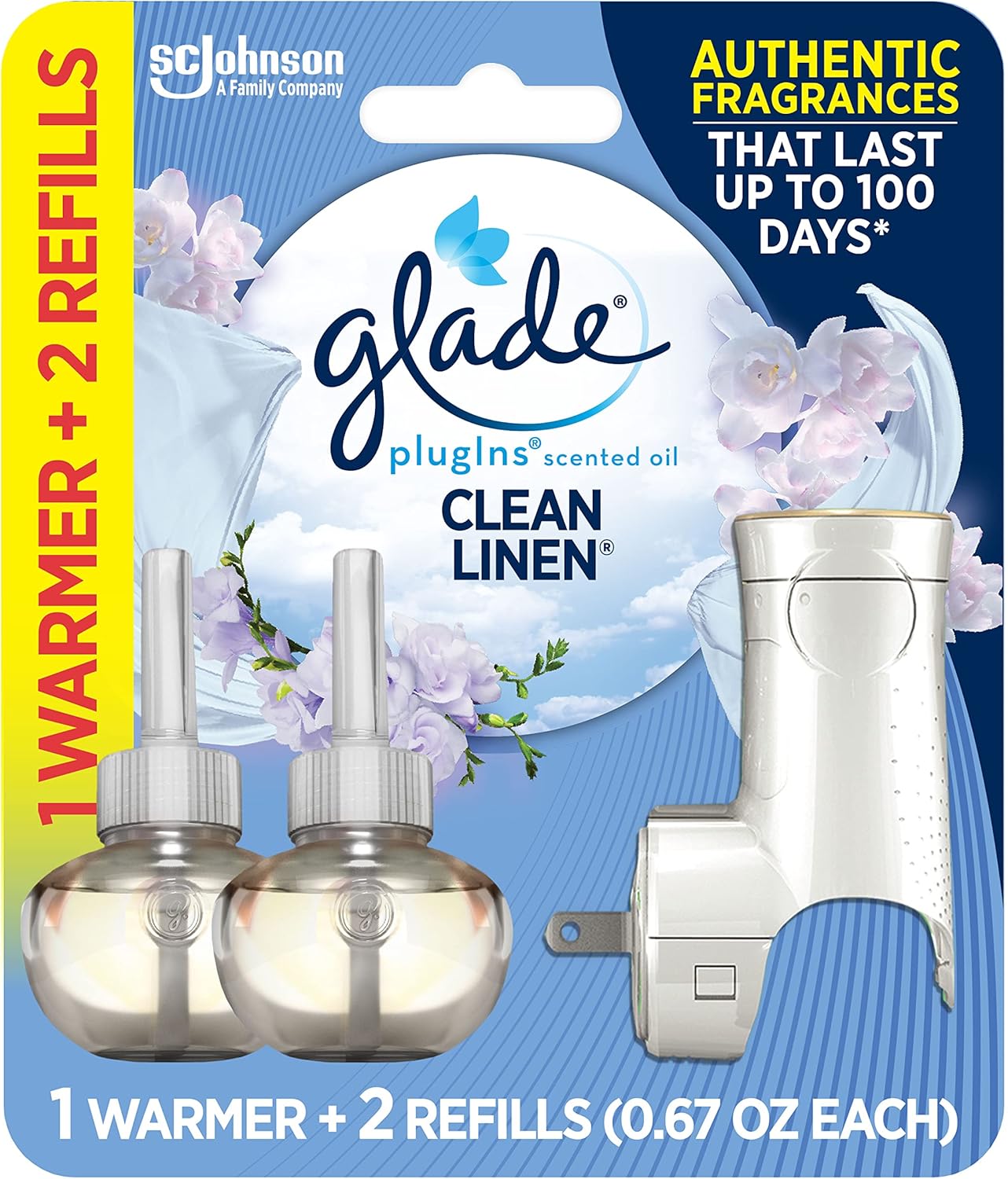Glade PlugIns Refills Air Freshener Starter Kit Scented and Essential Oils for Home and Bathroom Clean Linen 1.34 Fl Oz 1 Warmer + 2 Refills 