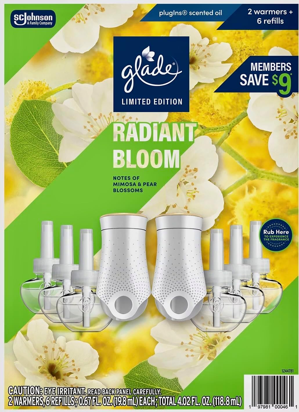 Glade Limited-Edition Radiant Bloom, 6 Scented Oil Refills + 2 Warmer