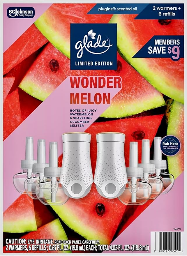 Glade Limited-Edition Wonder Melon, 6 Scented Oil Refills + 2 Warmers