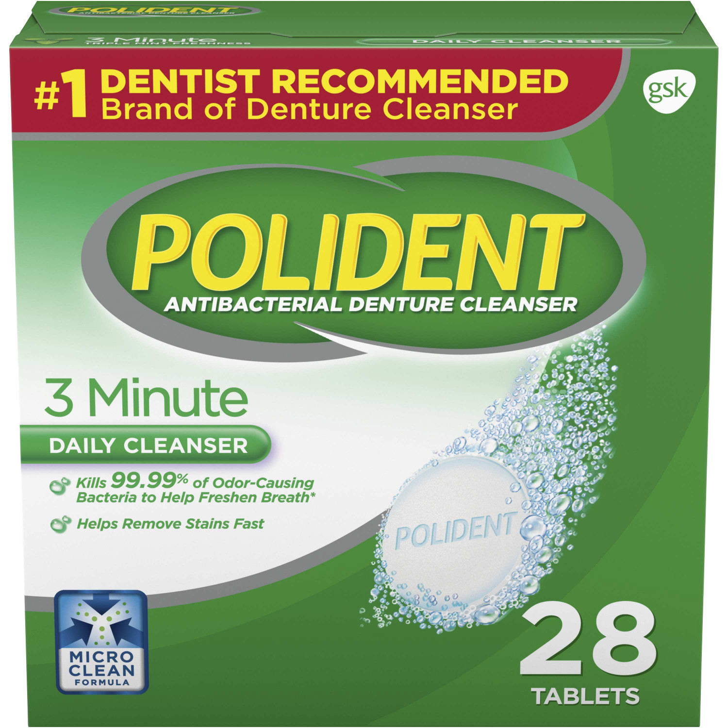 Polident 3 Minute Antibacterial Denture Cleanser Effervescent Tablets, 28 Count