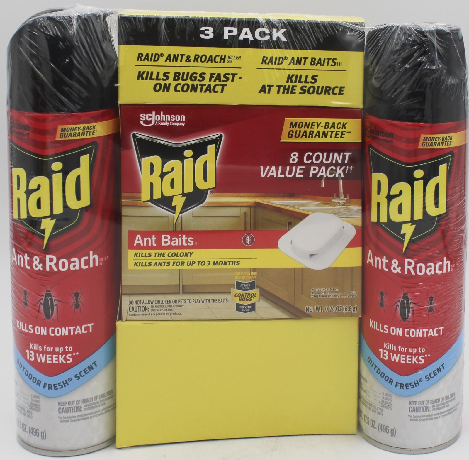 SP Pest2025 Raid Ant & Roach 3Ct (2 -17.5 Oz + 1-Ant Baits 0.24 Oz) Fresh Pristine