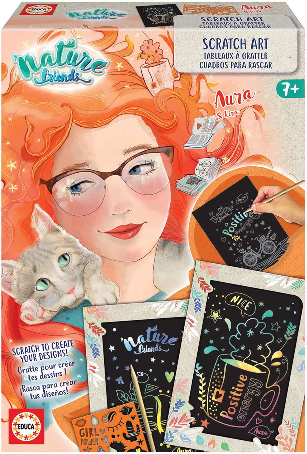 Educa Nature Friends Crafts Art Aurea Drawings to Scratch Aura. Includes 8, 2 Bright Frames and Tool. from 7 Years Old, Multicoloured
